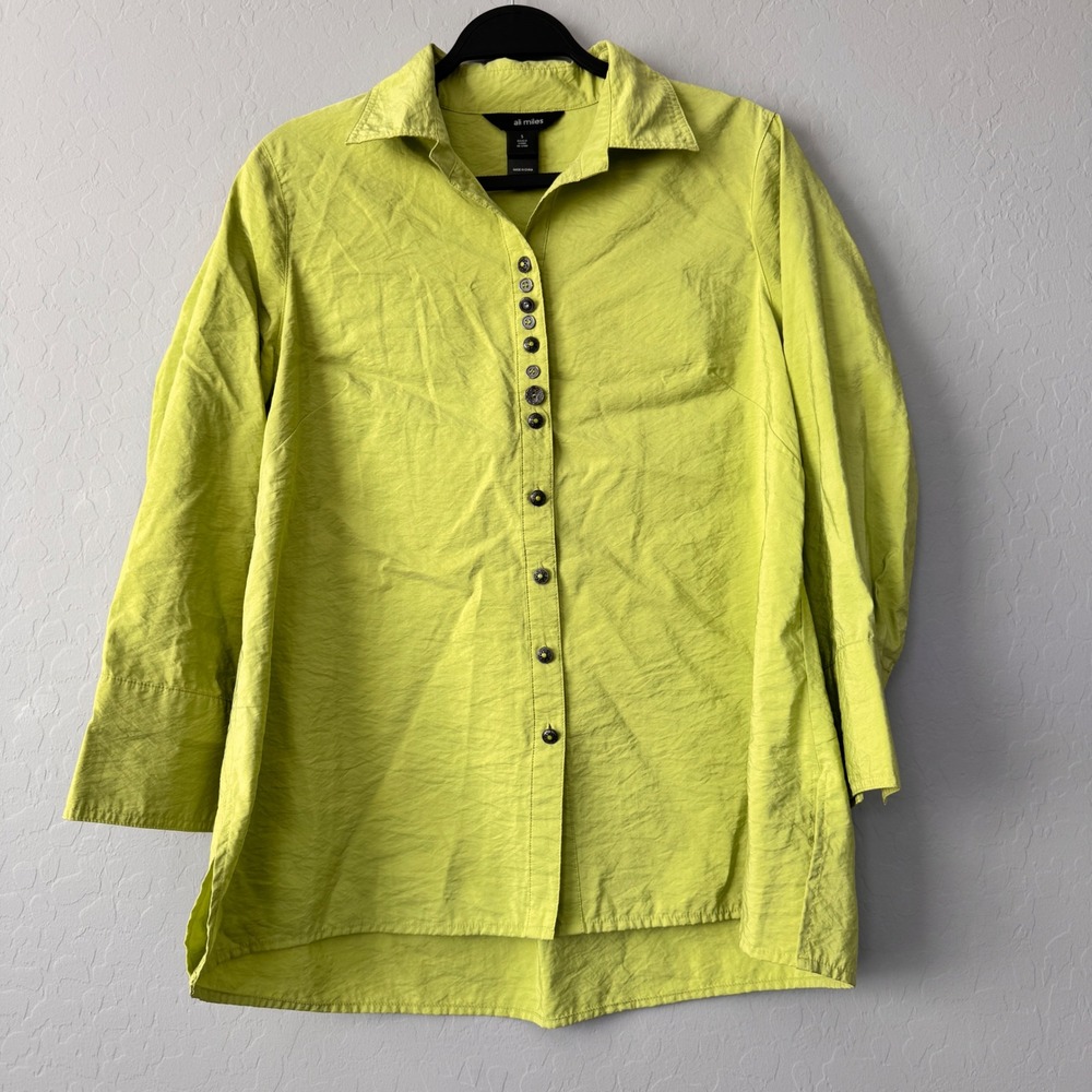 Ali Miles Button Down Tunic Top Long Sleeve Chartreuse Green Blouse‎ S